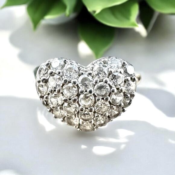 HEART Sterling Silver Puffy Pave Cute Dainty Clear CZ Ring Vintage 925 Size 7 - Picture 3 of 5